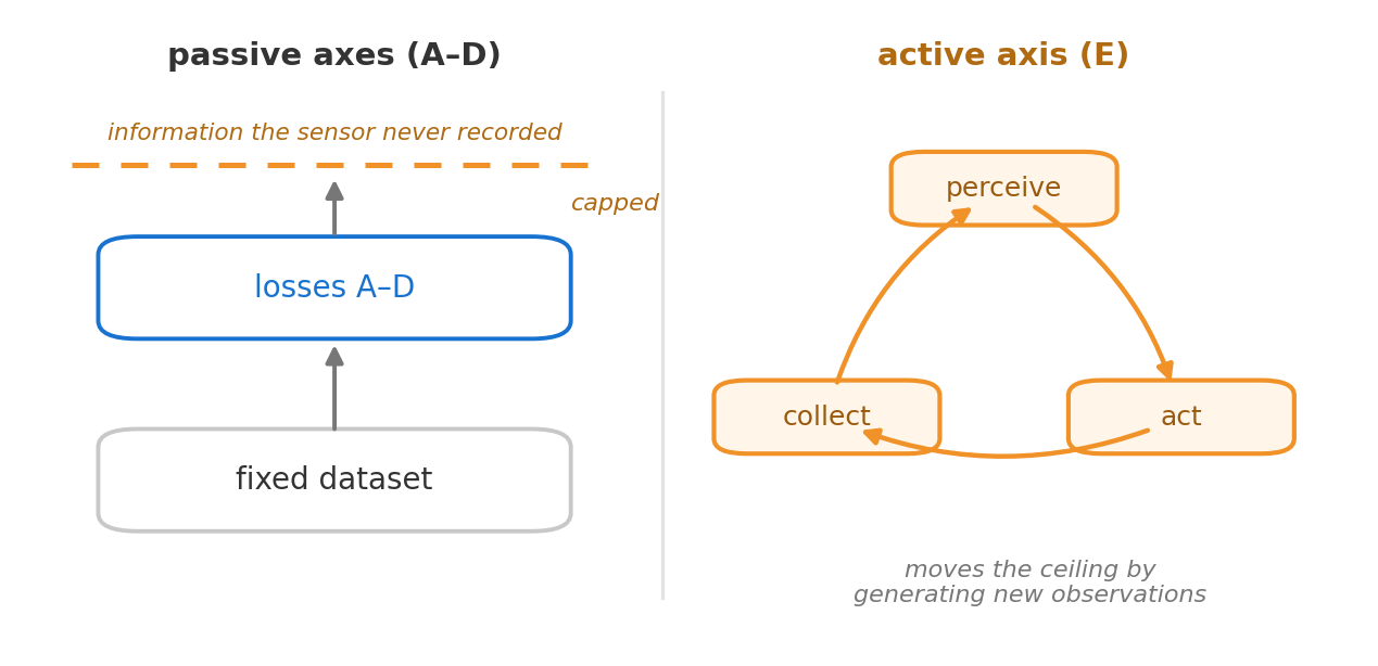 Left: a fixed dataset feeding losses A to D, capped by a dashed ceiling marking information the sensor never recorded. Right: a perceive-act-collect loop labeled axis E.